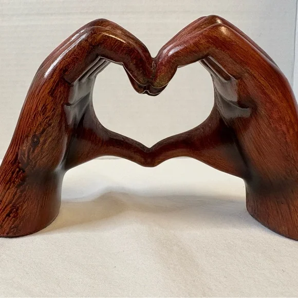 Wooden Hand Heart Sculptures - Pair in Deep Red - Picture 4 of 7